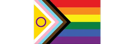 Intersex-inclusive Progress Pride flag: six rainbow stripes with a chevron of colors and a purple circle on a yellow field.