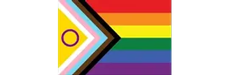 Intersex-inclusive Progress Pride flag: six rainbow stripes with a chevron of colors and a purple circle on a yellow field.