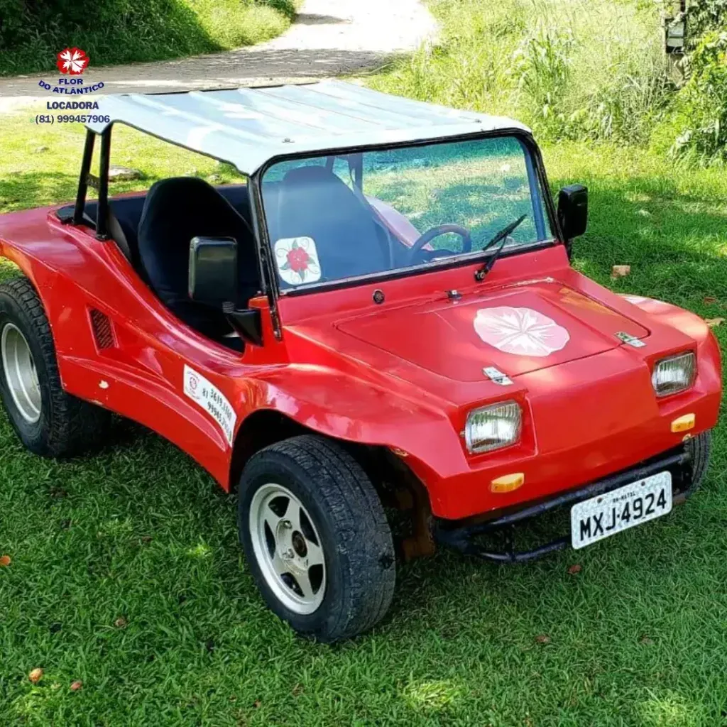 Buggy vermelho com teto branco em um gramado.