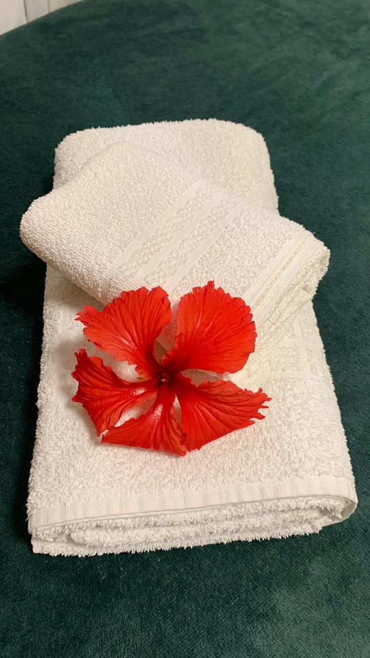 Toalhas brancas dobradas com uma flor de hibisco vermelha sobre uma superfície verde escura.