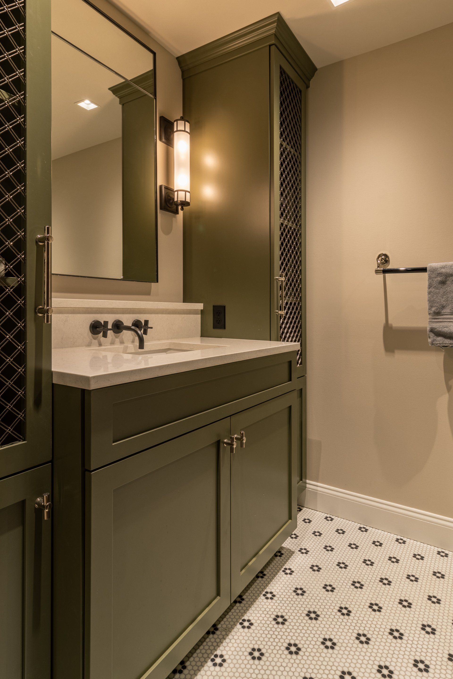 Tiled bathroom with painted wood