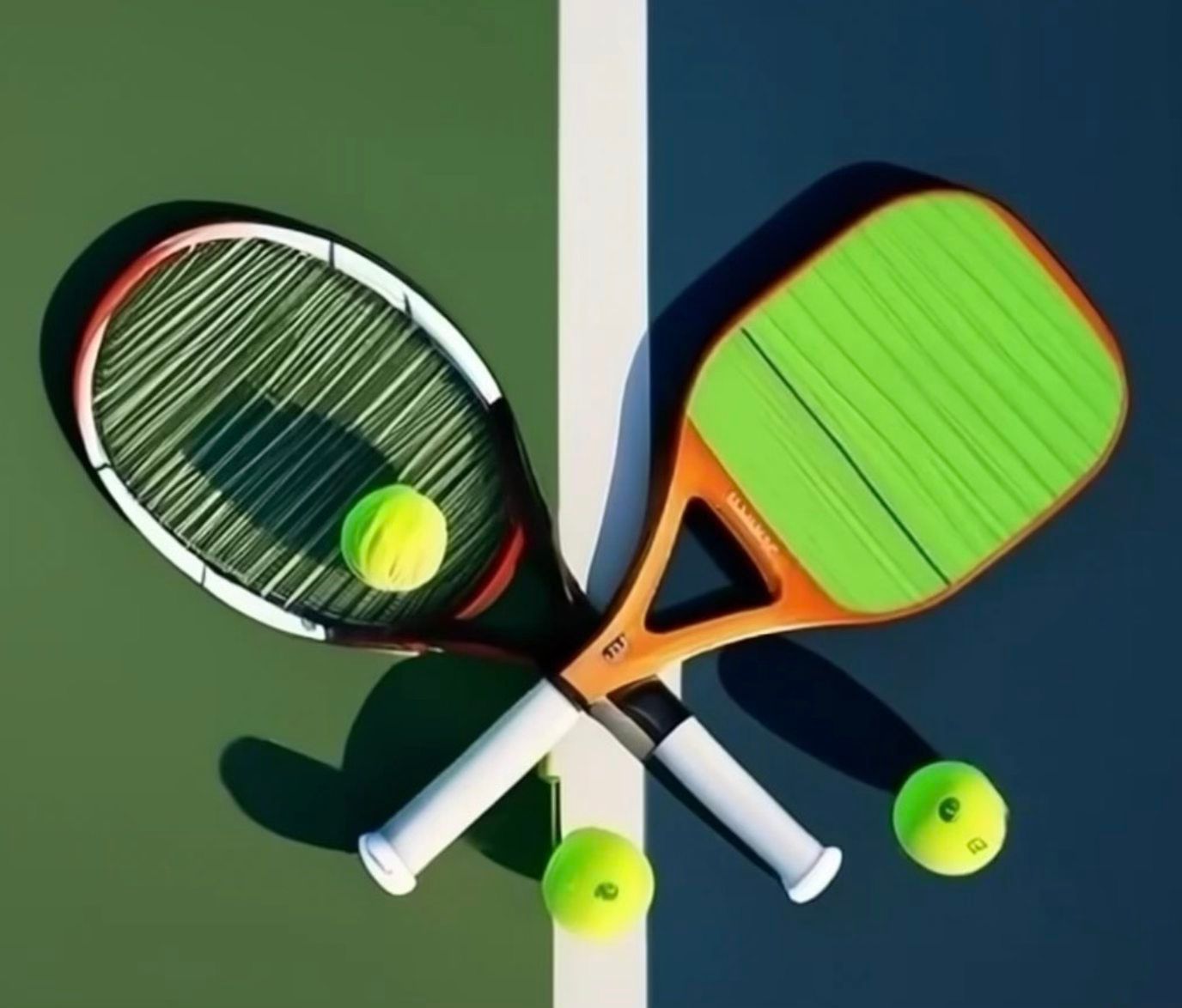Two crossed pickleball paddles, one black and one orange-green, with three neon balls on a green background