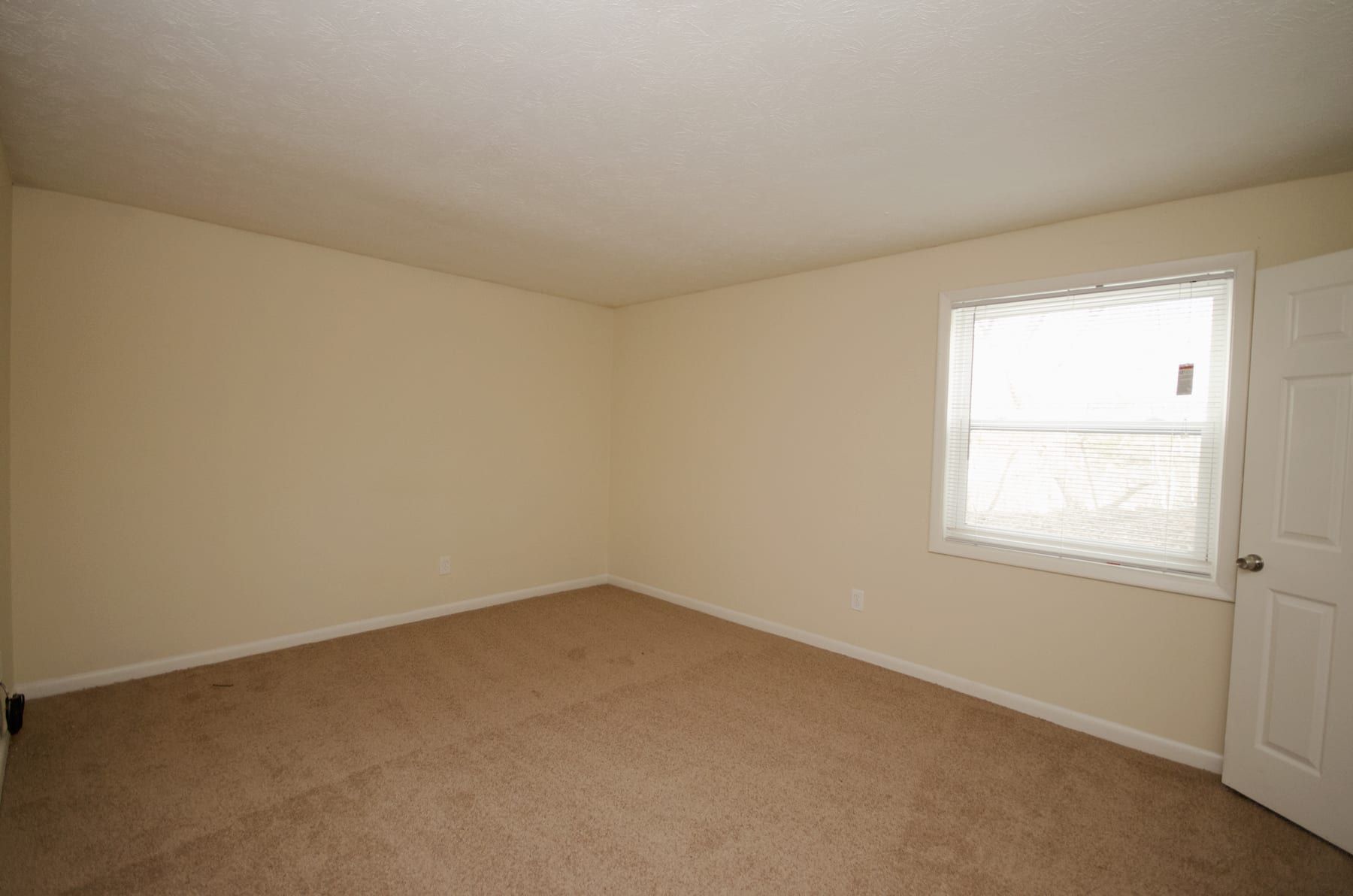 Empty room with beige walls, brown carpet, window, and white door.