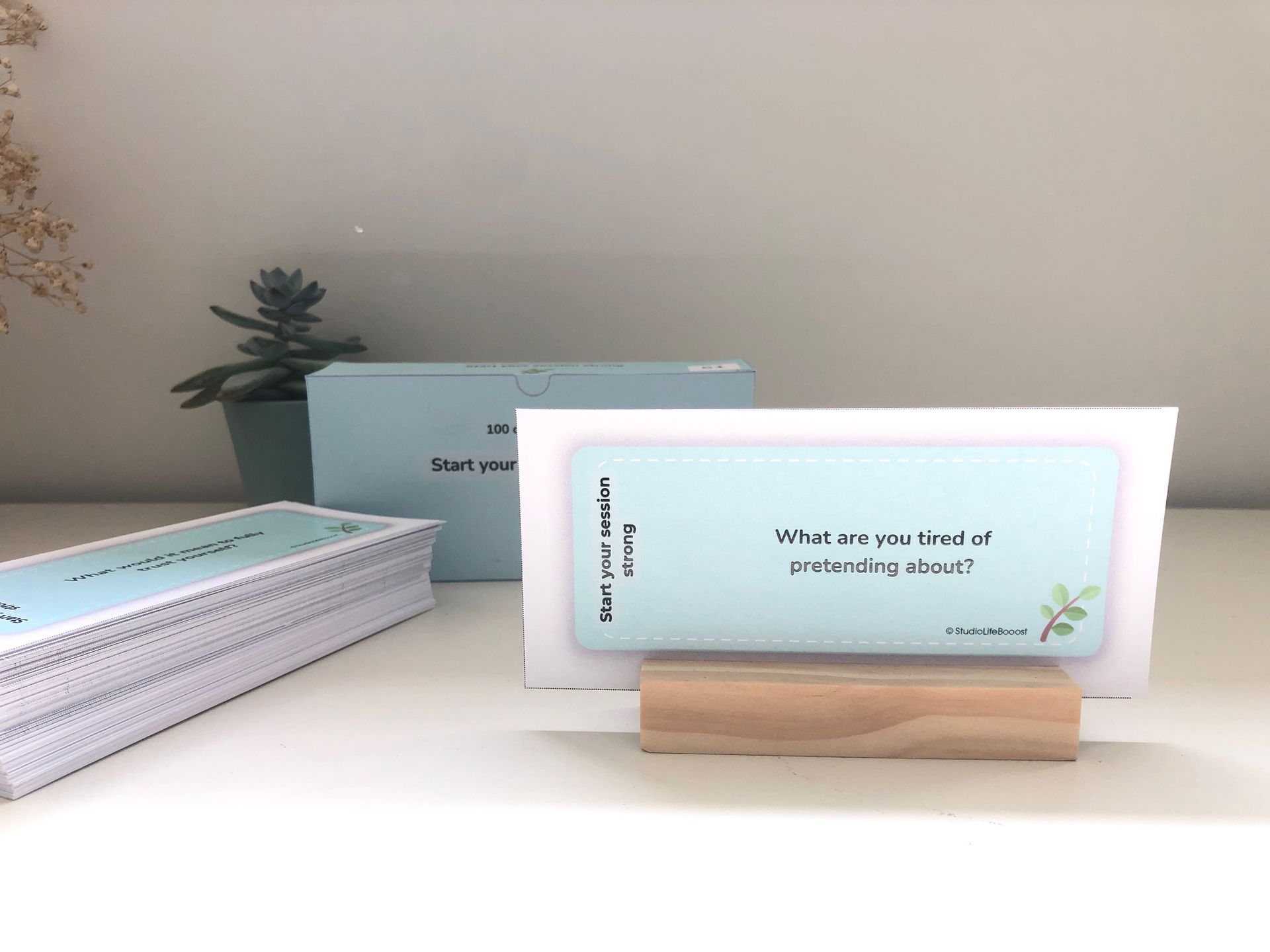 A stack of coach cards on a table next to a potted plant
