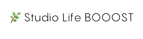 A logo for studio life boost with a green leaf on a white background.