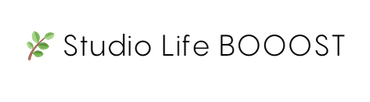 A logo for studio life boost with a green leaf on a white background.