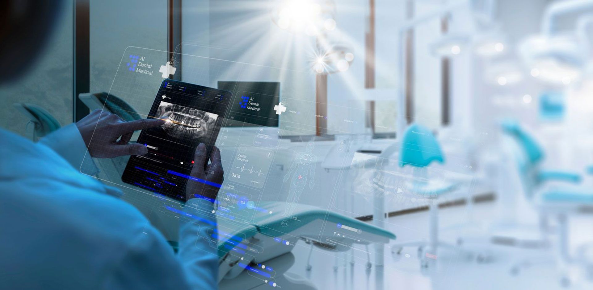 Dentist using tablet displaying dental images in a bright, modern clinic.