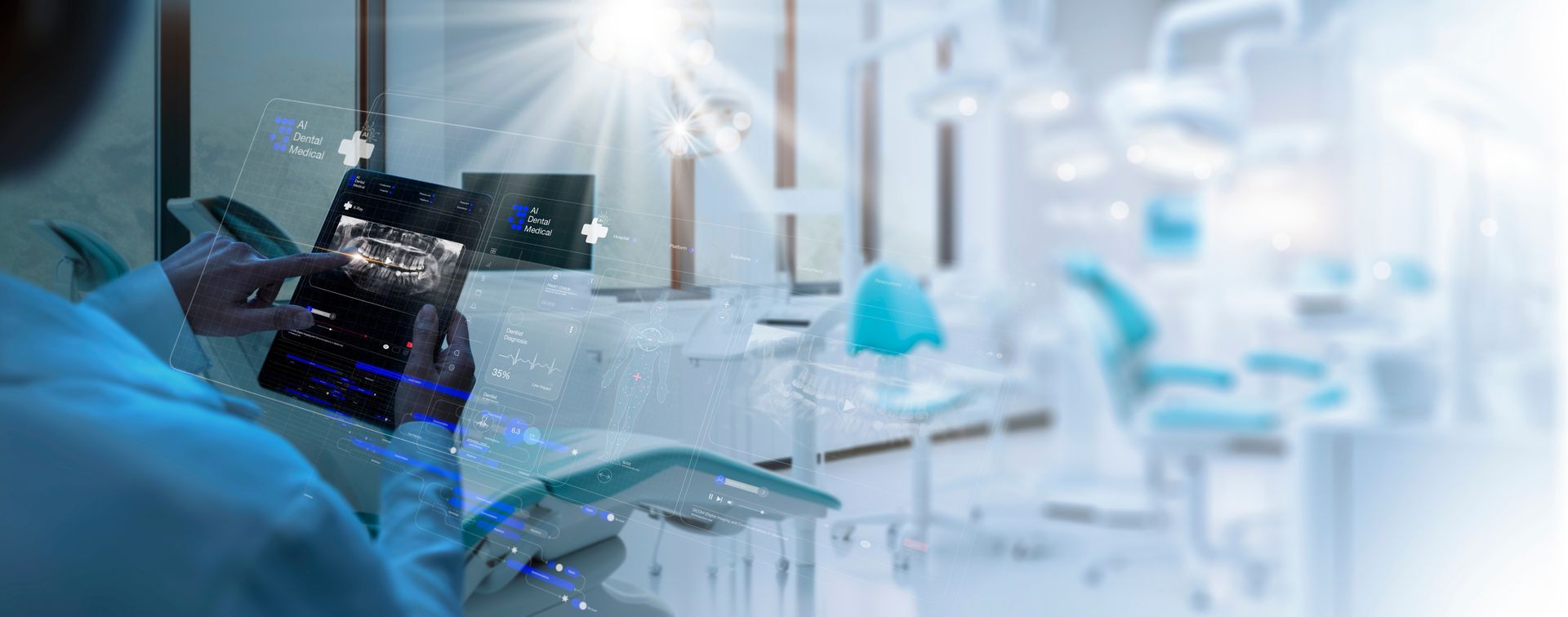 A computer monitor is sitting on a table in a dental office.