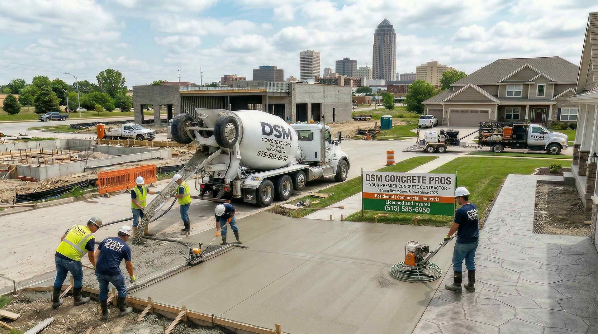 Construction workers pour and smooth wet concrete at a suburban building site with a city skyline in the background.