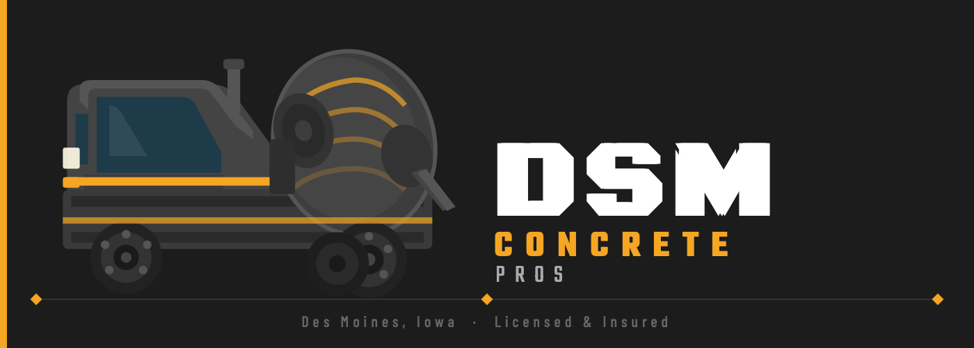 Logo for DSM Concrete Pros featuring a stylized truck icon on a black background, with business name and location details.