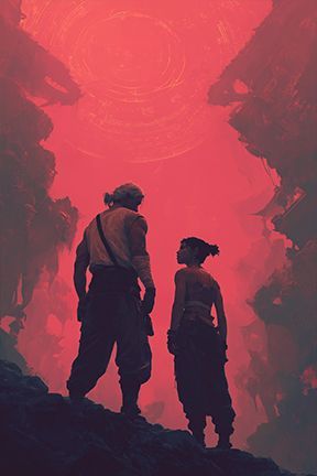 Two figures, silhouetted, gaze at a red, celestial orb between towering rock formations.