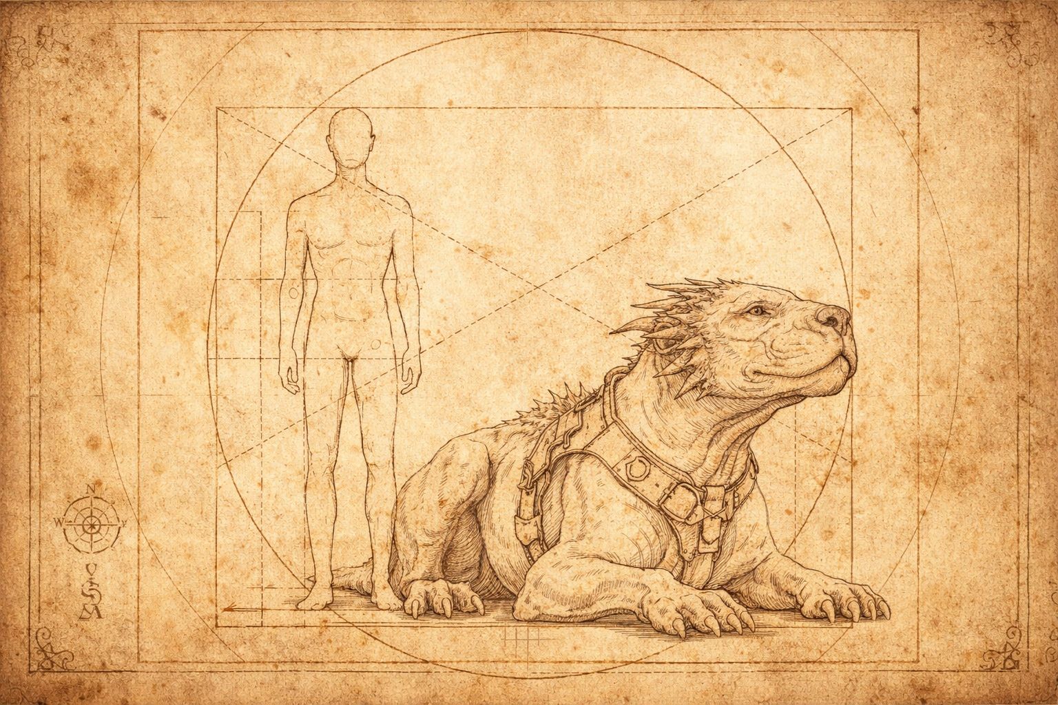 Diagram of a reptilian creature wearing a collar, next to a human figure within geometric lines.