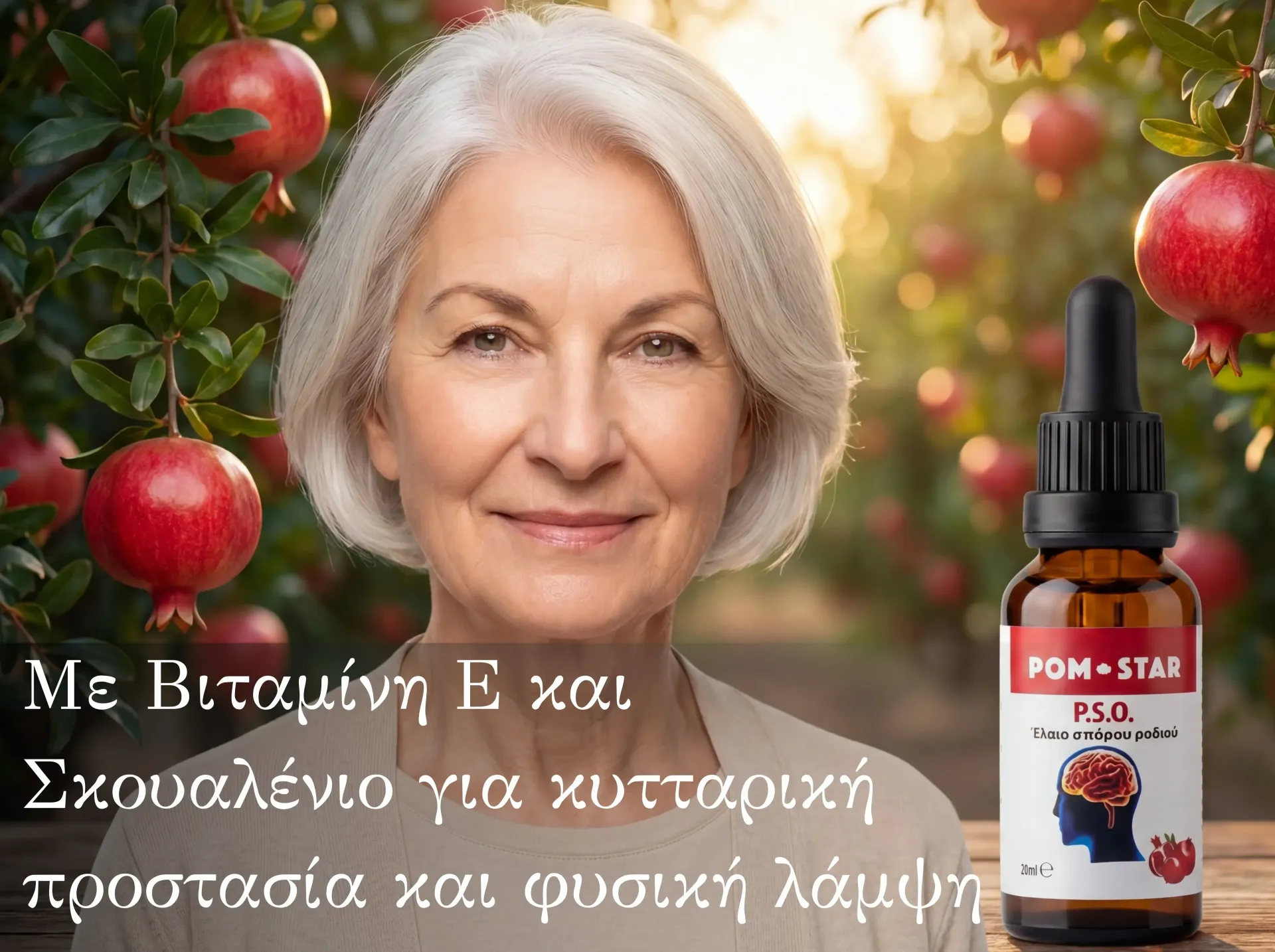 Γυναίκα σε οπωρώνα με μήλα και ένα μπουκάλι συμπληρώματος φράουλας, με επικάλυψη ελληνικού κειμένου.