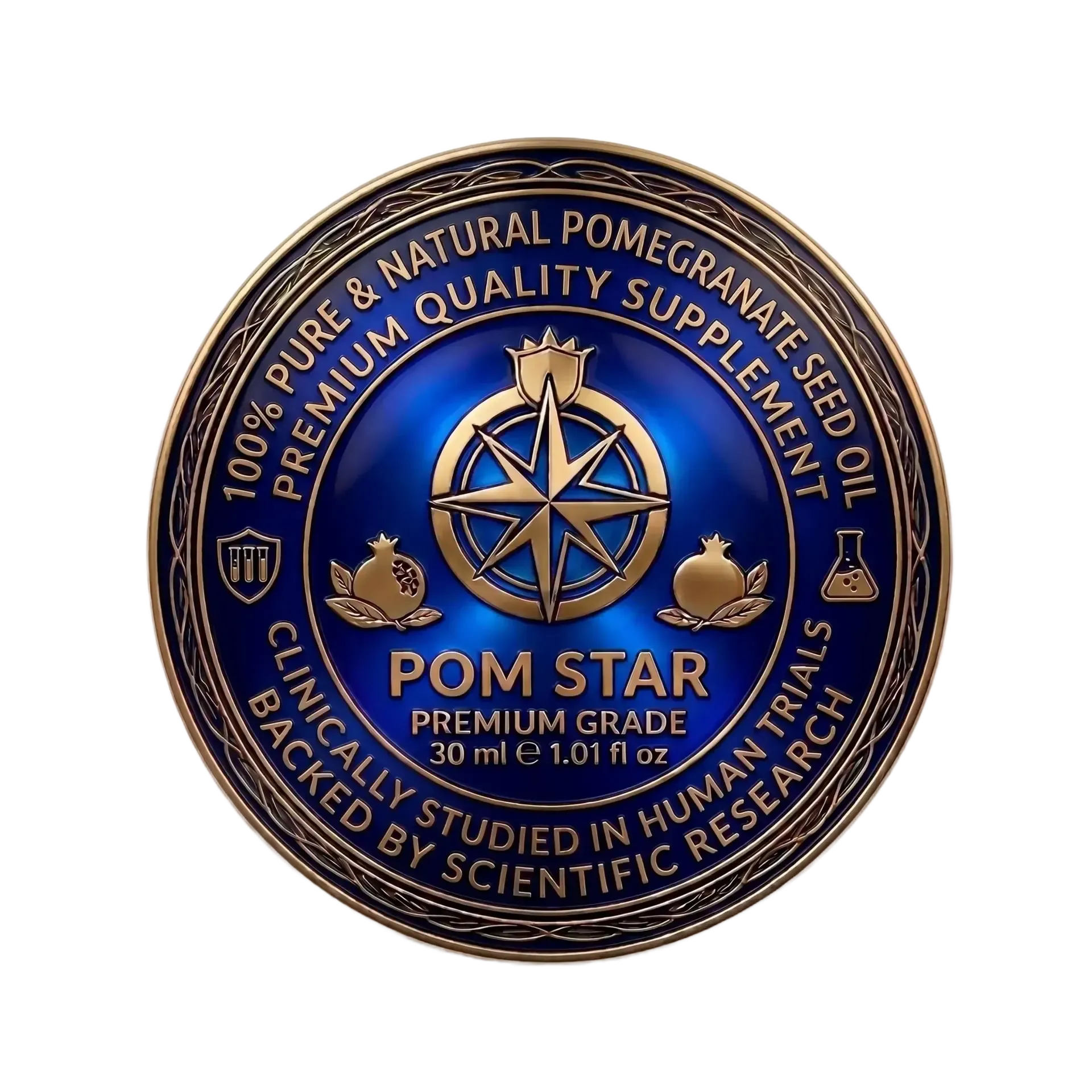 Blue and gold POM STAR label with Greek text