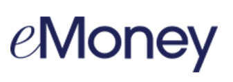 A blue and white logo for emoney on a white background