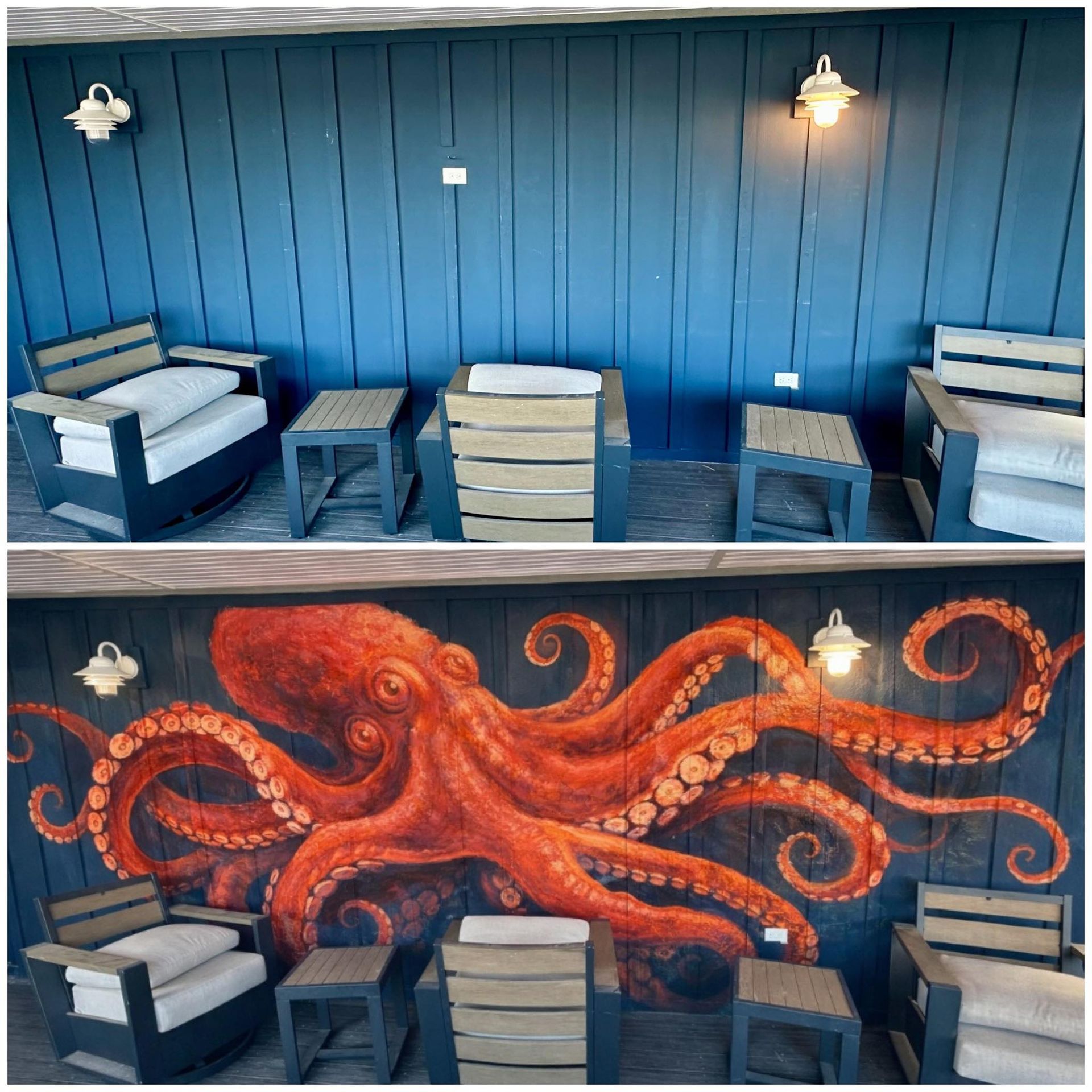 Octopus mural sneak peek by Jake Jones at Blue Wave Suites Clearwater Beach vacation rentals

