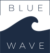A blue wave logo with a wave in the middle