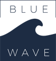 A blue wave logo with a wave in the middle