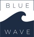 A blue wave logo with a wave in the middle