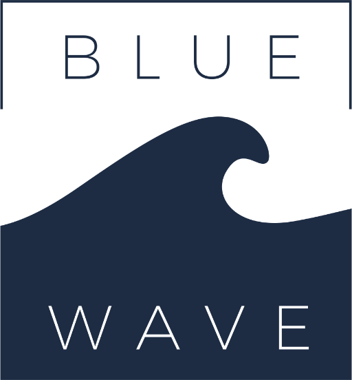 A blue wave logo with a wave in the middle