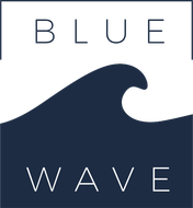 A blue wave logo with a wave in the middle