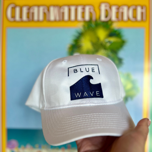 A person is holding a white hat that says blue wave