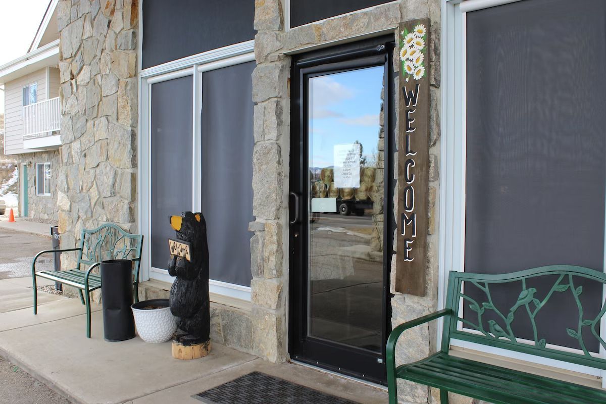 A wooden bear statue is sitting on a porch in front of a building.