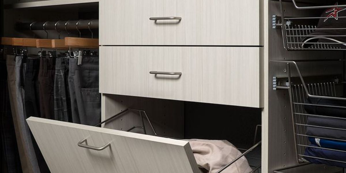 A closet organizer with a drawer open and pull out drawer