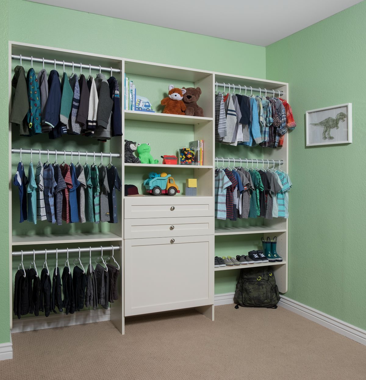 A closet with a picture of a dinosaur on the wall