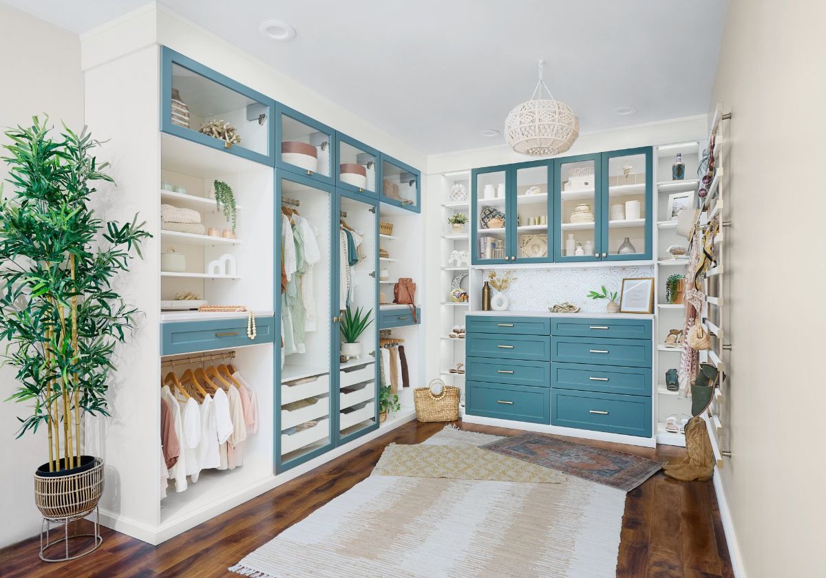 It is a walk in closet with lots of shelves and drawers.
