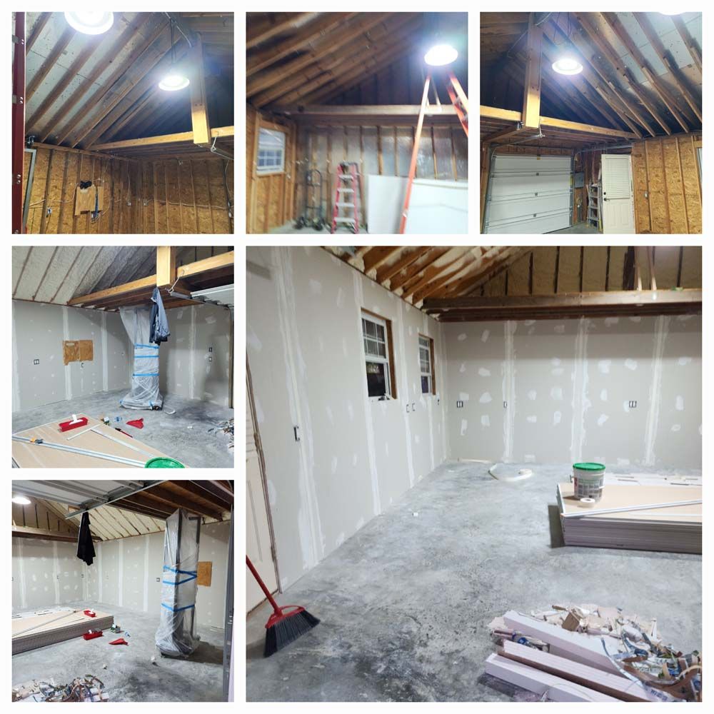 A collage of pictures of a garage under construction