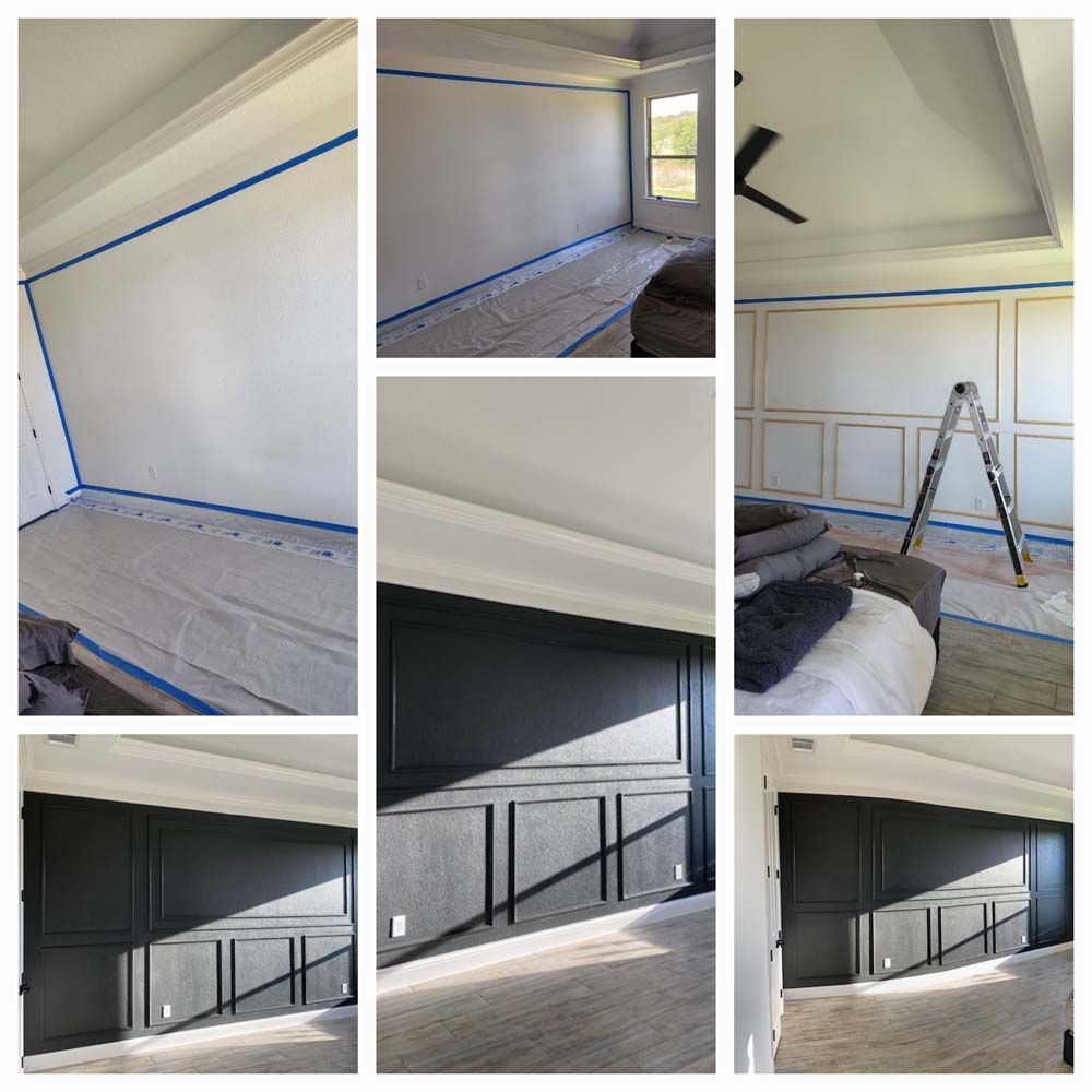 A collage of pictures of a room being painted.