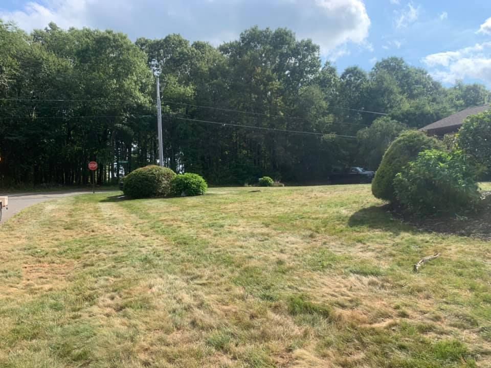 A large grassy field with trees in the background and a house in the background.