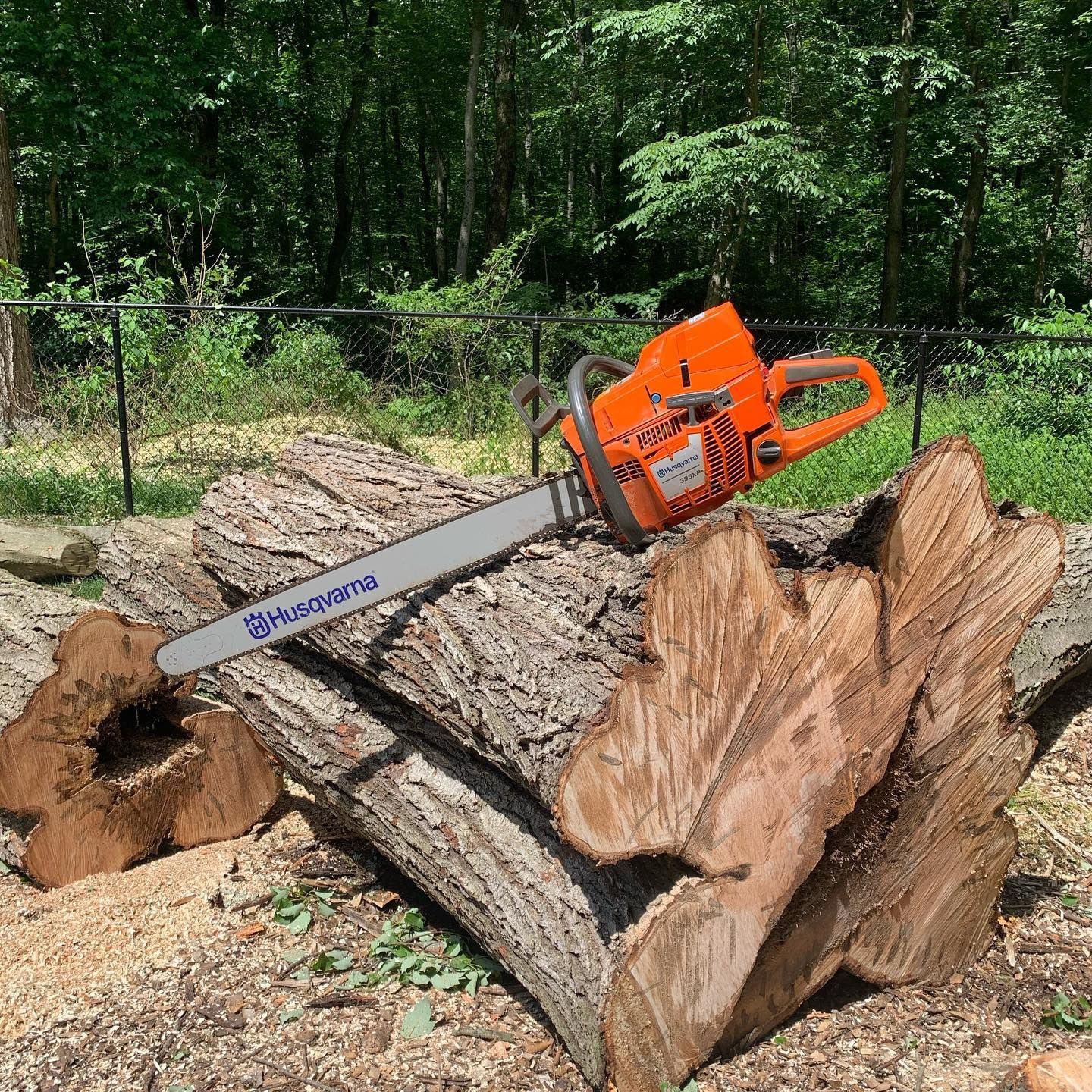 A husqvarna chainsaw is sitting on top of a log