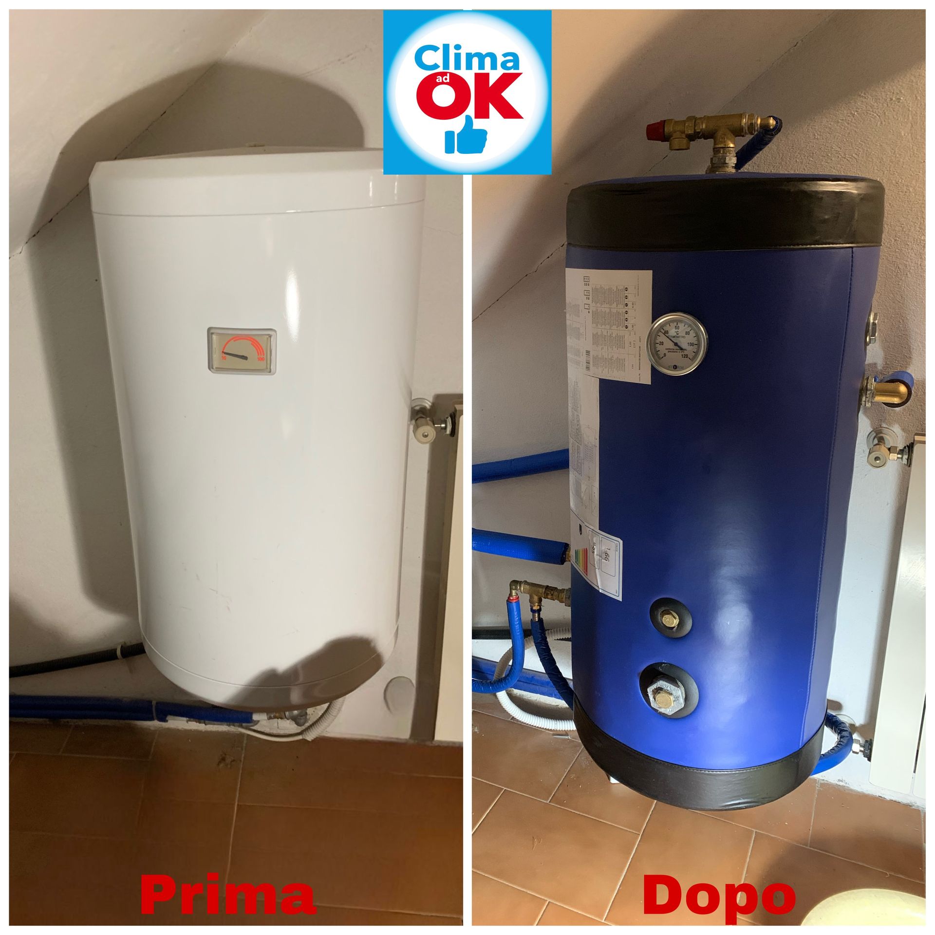 Una foto prima e dopo di uno scaldabagno