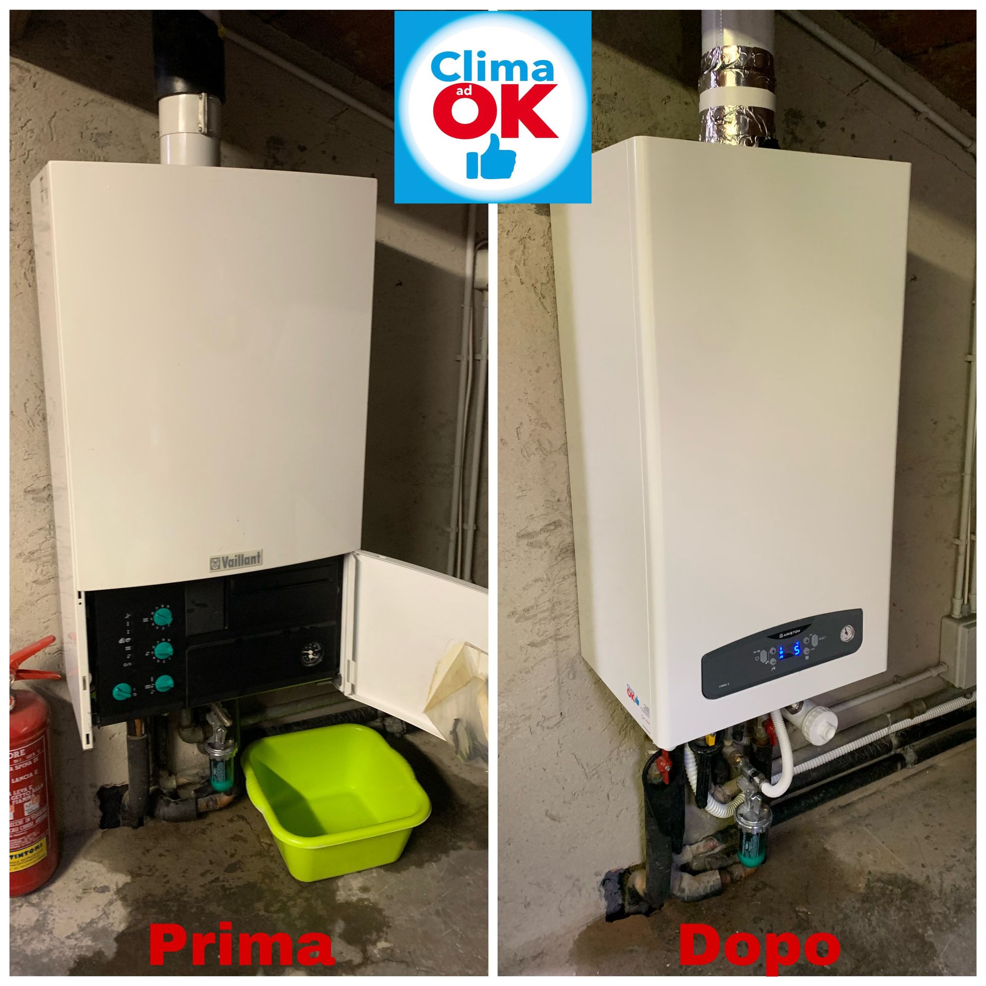 Una foto di una caldaia prima e dopo la pulizia da parte di clima ok