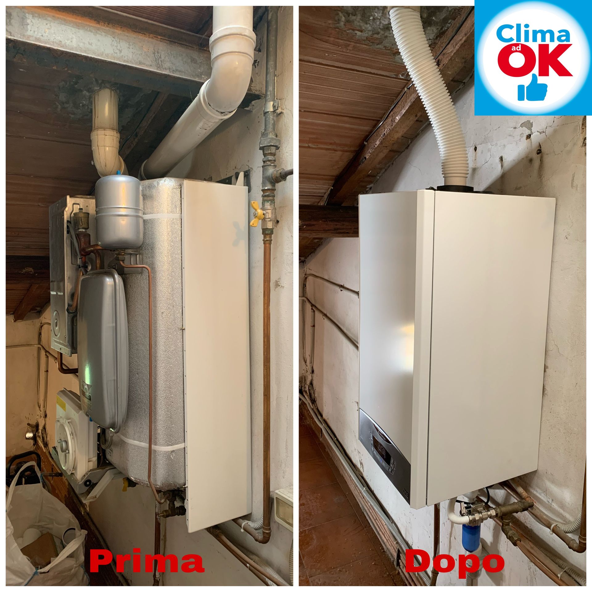 Una foto di una caldaia prima e dopo l'installazione