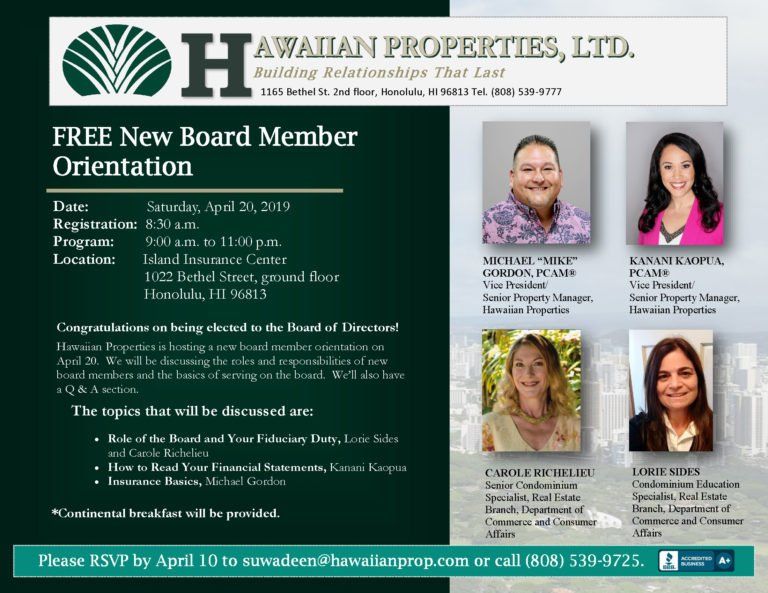 2019 Mini Seminar Program - New BOD Orientation – Honolulu, HI – Hawaiian Properties