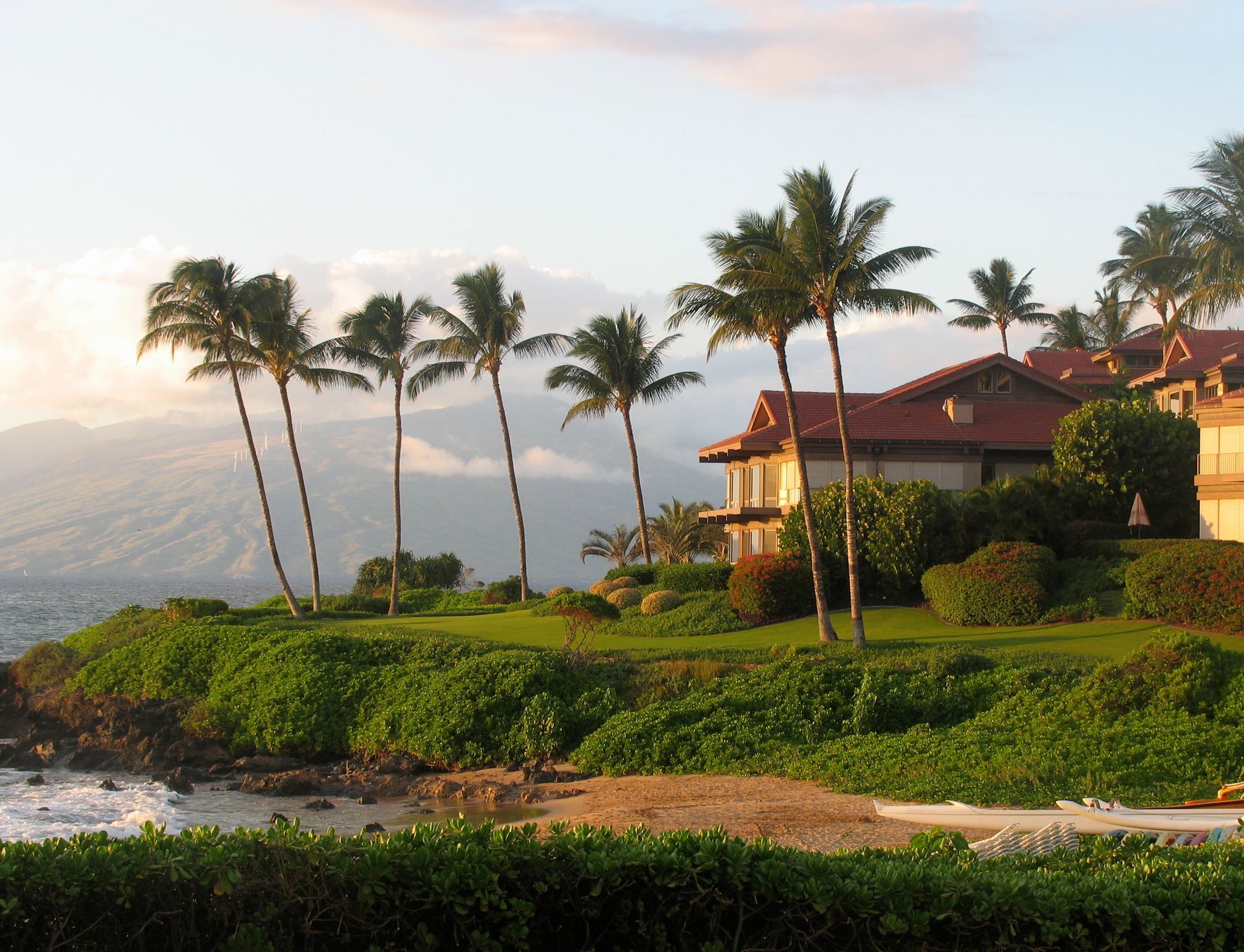 Wide View of a Hawaiian Beach House With Coco Palms at Dusck