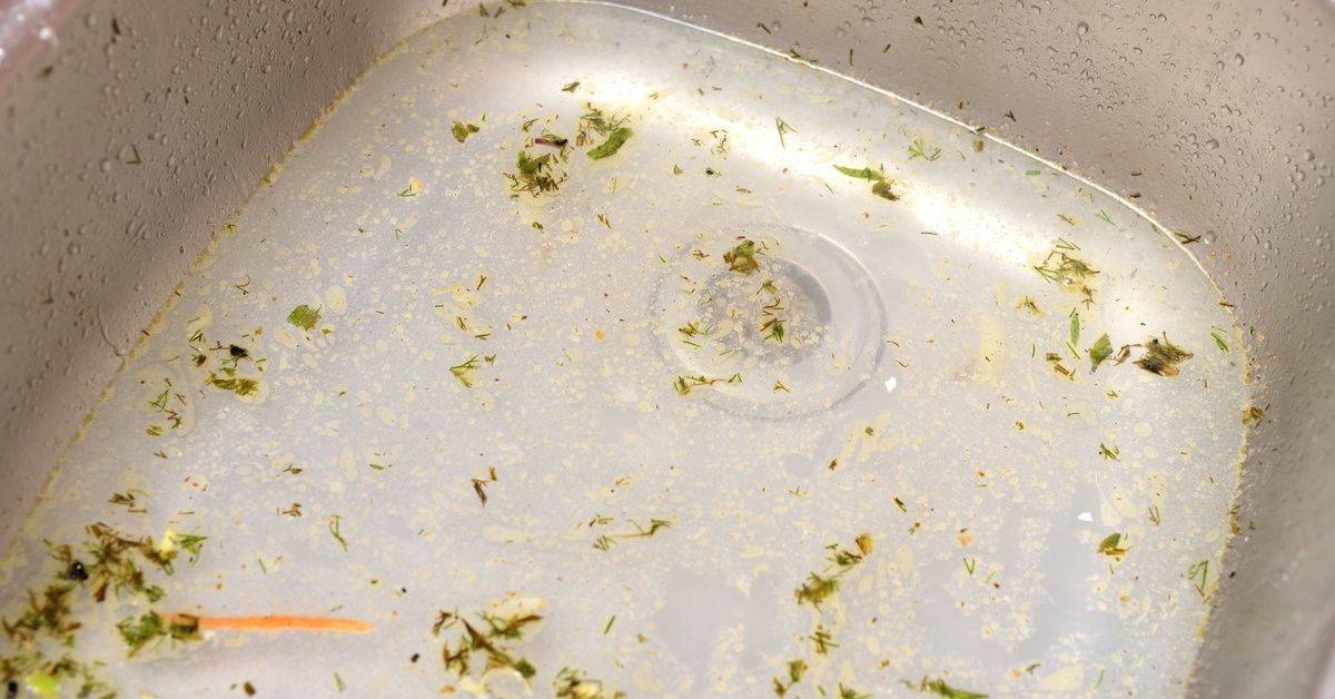 A backed-up sink with standing water. The water is quite murky and has bits of food floating in it.
