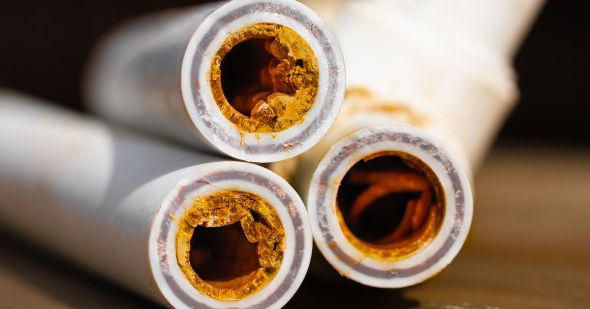 Three PVC pipes that have been cut open to show the hard water deposits that are built up on the ins