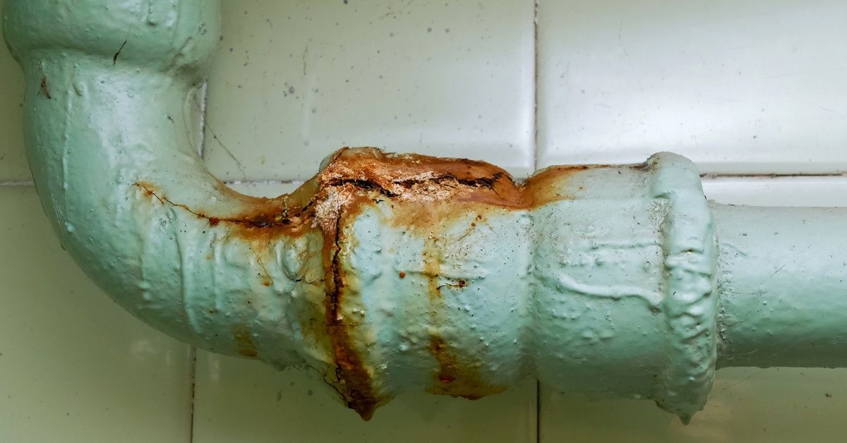 An older pipeline that has a rusted crack running down the side of it. The pipes are painted a blueish green.