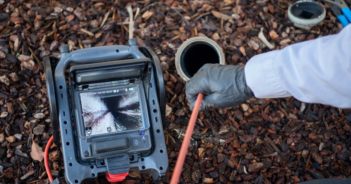 A person wearing gloves feeding an inspection cable attached to a camera machine monitor into a drainage pipe.