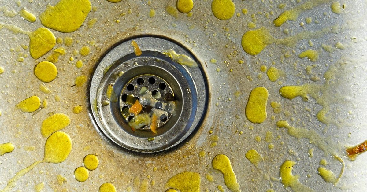 A close-up of a sink drain with various food scraps trapped in the drain strainer and grease bubbles encircled around the drain.