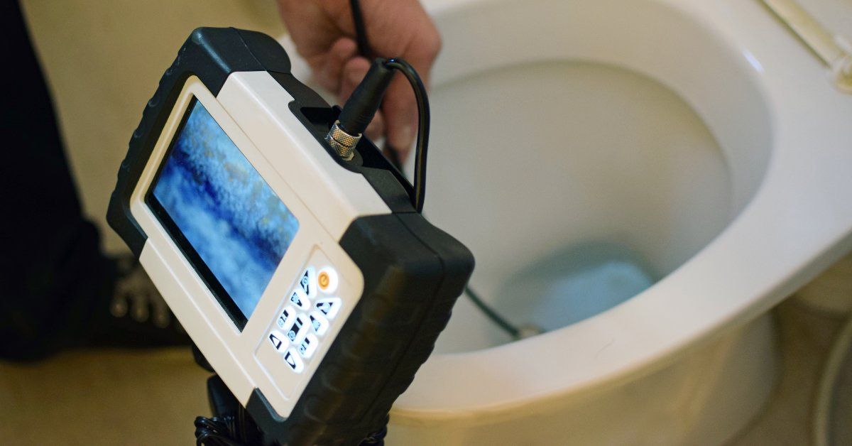 A person inserts a camera into a white toilet. The image from the camera is shown on the screen of a device.