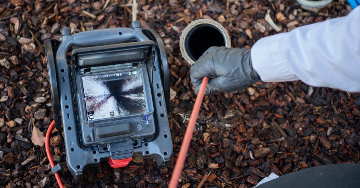  A person in a white shirt and black gloves inserts a camera into a sewage pipe in the ground.