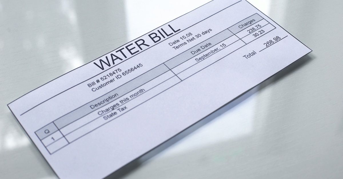 A water bill dated September 15th with a total amount due of 268.98 for the monthly charges and state tax.