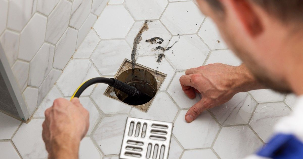 A plumber in blue overalls and a blue hat leans over a shower drain and unclogs it with hydro jetting.