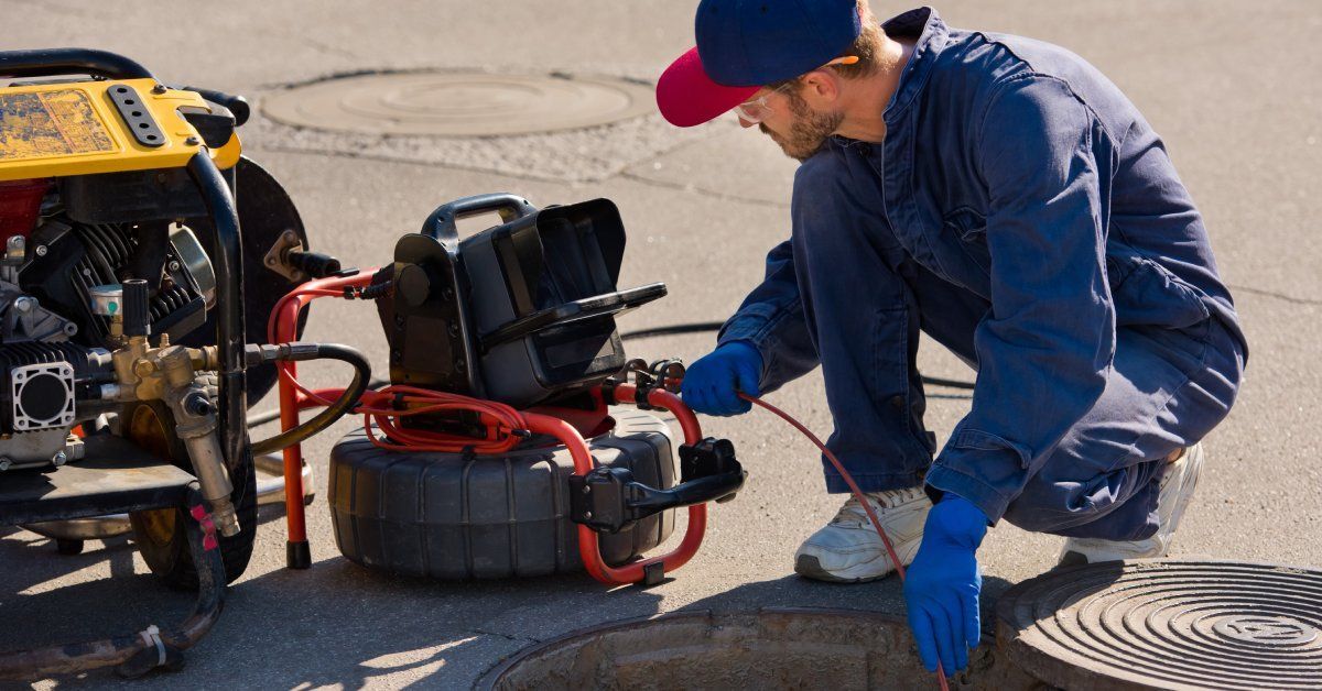 A plumber in a blue jumpsuit views a video monitor showing what the camera he has in a drain shows.