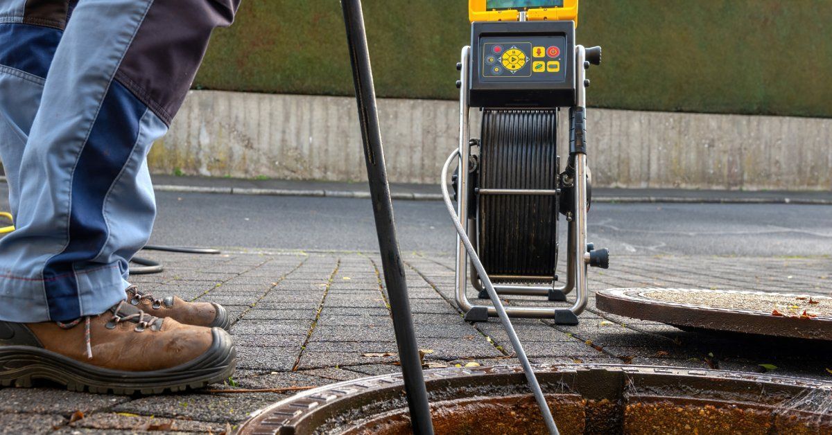 A person wearing a bright yellow high-visibility vest and a tan baseball cap conducts a plumbing pressure test.